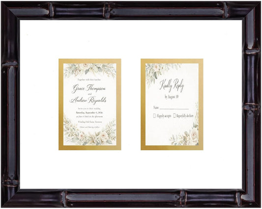 Heirloom 3.5x5 Enclosure Invitation and RSVP Keepsake Frame in Brown Genuine Hardwood 13.5x10.75 Artisan-Cut Double Mat White Paired With Metallic Gold Timeless Display