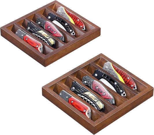 Knife Display Case Knife Holder for Pocket Knife Case Storage, Edc Tray Fits Edc Flashlight (Walnut,2 Pack)