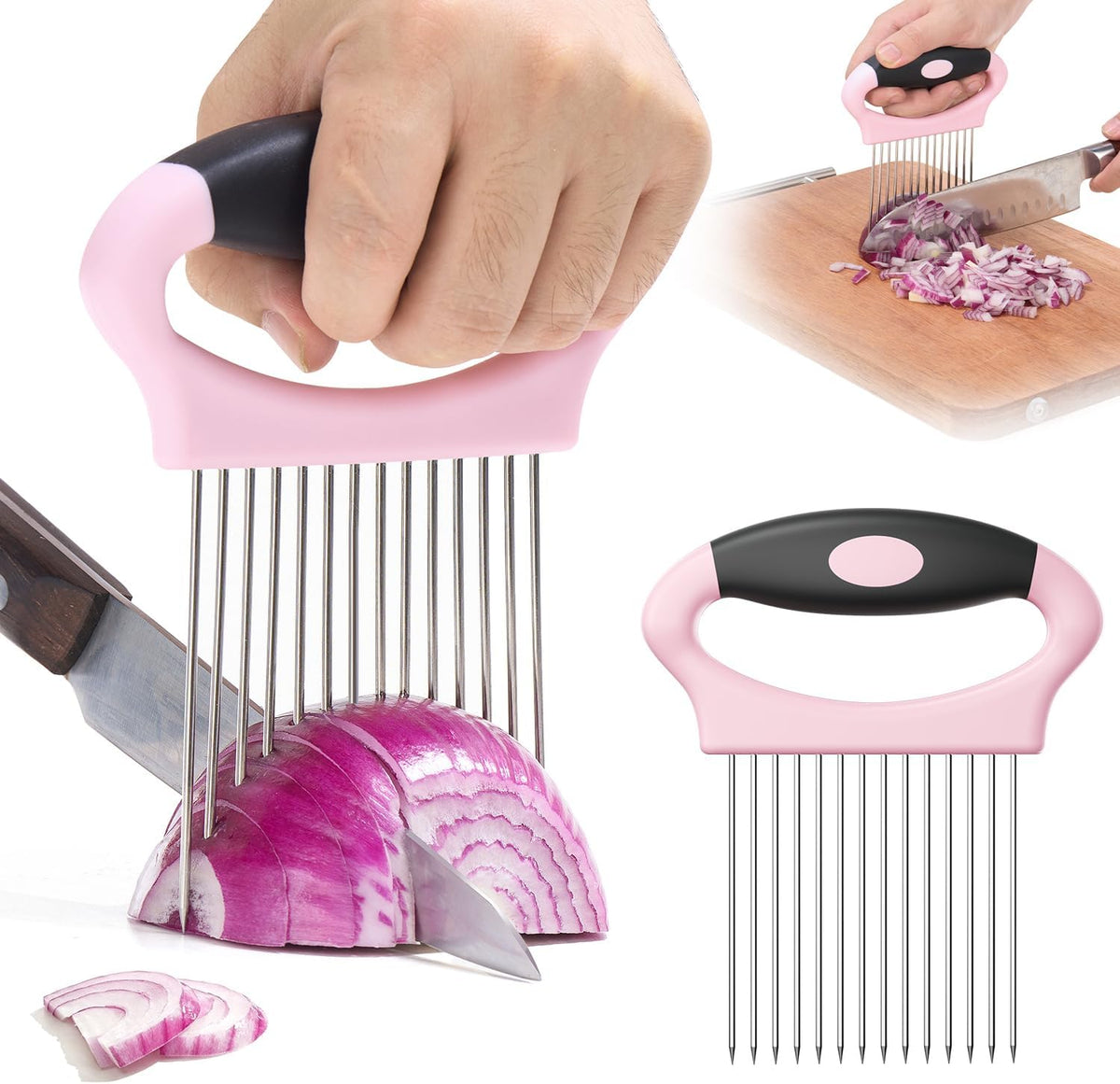 Large Onion Slicer Holder, Stainless Steel Onion Holder for Slicing, Multi-Purpose Vegetable Chopper Tomato Slicer, Food Cutter Assistant Tool for Potato, Avocado, Egg, Lemon, Fruit, Meat Tenderizer