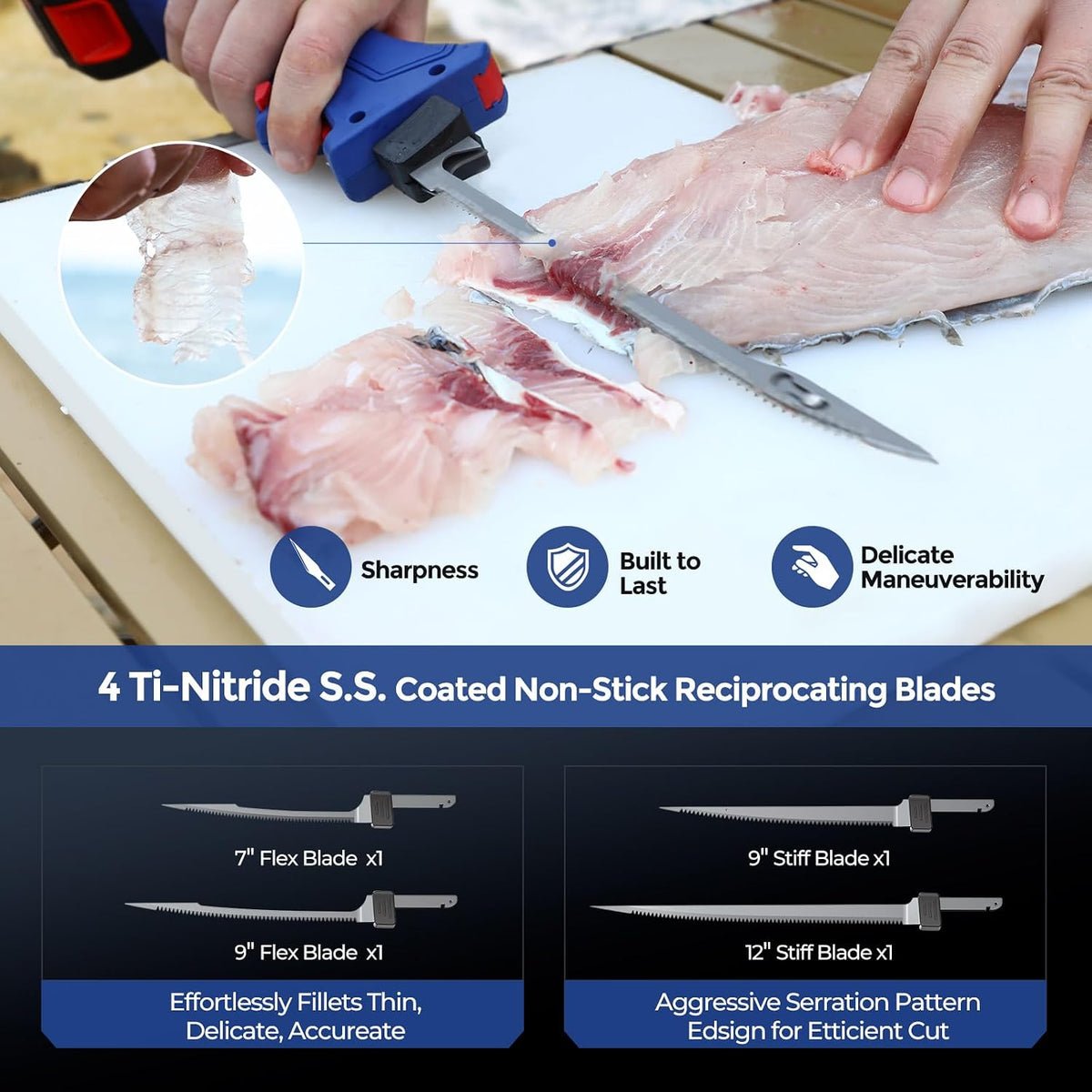 Electric Fillet Knife Cordless Rechargeable Fishing Knife with 4 Titanium Plating Stainless Steel Blades, 12V High Torque Motor with 2 2.0Ah Batteries and Charger,Fishing, Filleting, Outdoors