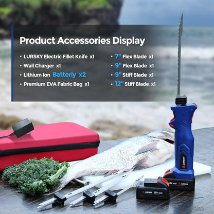 Electric Fillet Knife Cordless Rechargeable Fishing Knife with 4 Titanium Plating Stainless Steel Blades, 12V High Torque Motor with 2 2.0Ah Batteries and Charger,Fishing, Filleting, Outdoors