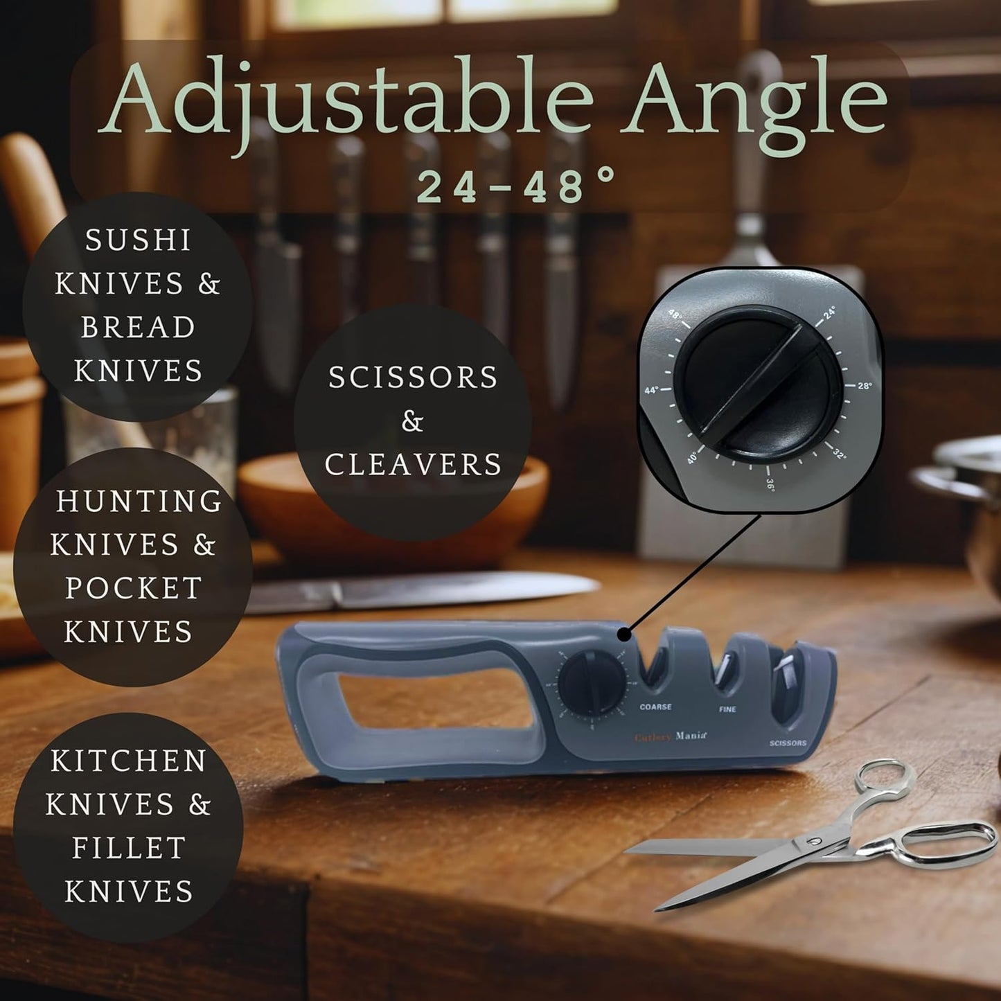 Simple Sharp Adjustable Angle 24-48° Kitchen Knife & Scissor Sharpener | Dual Stage Coarse and Fine Sharpening System | Tungsten Steel, Diamond and Ceramic Sharpeners | Professional Sharpening