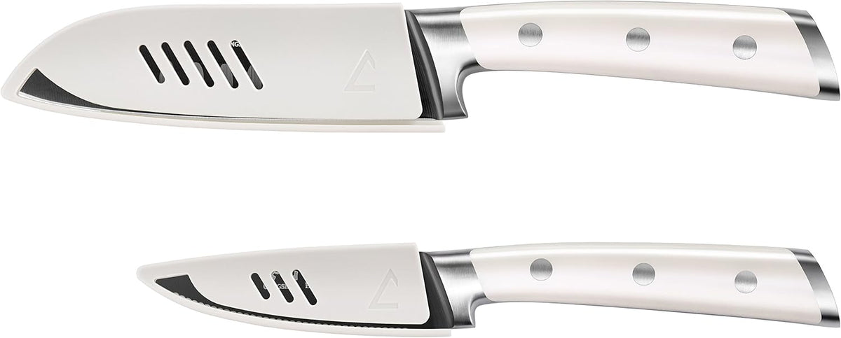 Cangshan S+ Series 1022100 German Steel Forged 2-Piece Titanium Coated Santoku Starter Knife Set with Sheaths, Vanilla White