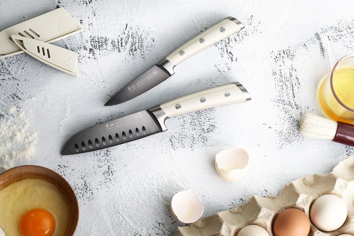Cangshan S+ Series 1022100 German Steel Forged 2-Piece Titanium Coated Santoku Starter Knife Set with Sheaths, Vanilla White