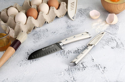 Cangshan S+ Series 1022100 German Steel Forged 2-Piece Titanium Coated Santoku Starter Knife Set with Sheaths, Vanilla White