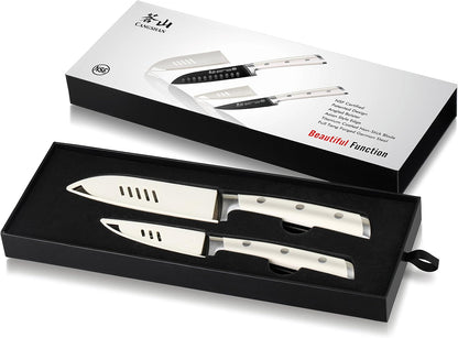 Cangshan S+ Series 1022100 German Steel Forged 2-Piece Titanium Coated Santoku Starter Knife Set with Sheaths, Vanilla White