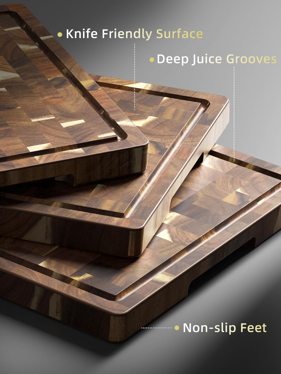 3 Packs Acacia Wood Cutting Board Set, Extra Large Cutting Boards for Kitchen Meal Prep, Durable Chopping Board with Built-in Ergonomic Handles & Deep Juice Grooves