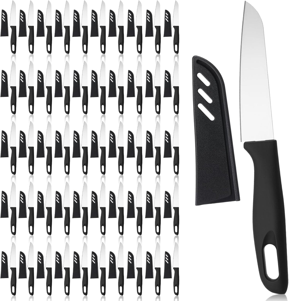 50 Pcs Paring Knives with Cover 7.5 Inch Sharp Stainless Steel Knife with Ergonomic Plastic Handle and Blade Cover for Fruit Vegetable Kitchen, Black