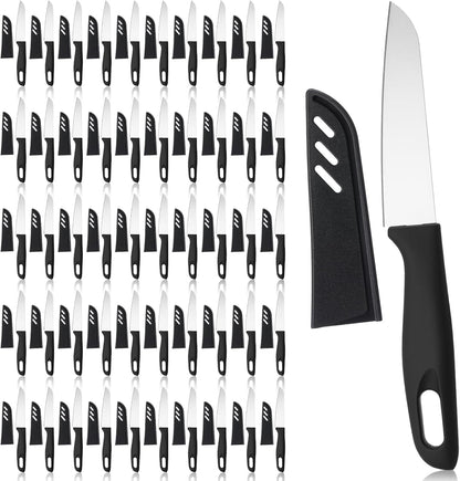 50 Pcs Paring Knives with Cover 7.5 Inch Sharp Stainless Steel Knife with Ergonomic Plastic Handle and Blade Cover for Fruit Vegetable Kitchen, Black