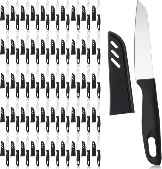 50 Pcs Paring Knives with Cover 7.5 Inch Sharp Stainless Steel Knife with Ergonomic Plastic Handle and Blade Cover for Fruit Vegetable Kitchen, Black