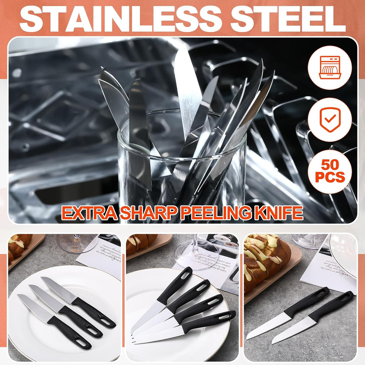 50 Pcs Paring Knives with Cover 7.5 Inch Sharp Stainless Steel Knife with Ergonomic Plastic Handle and Blade Cover for Fruit Vegetable Kitchen, Black