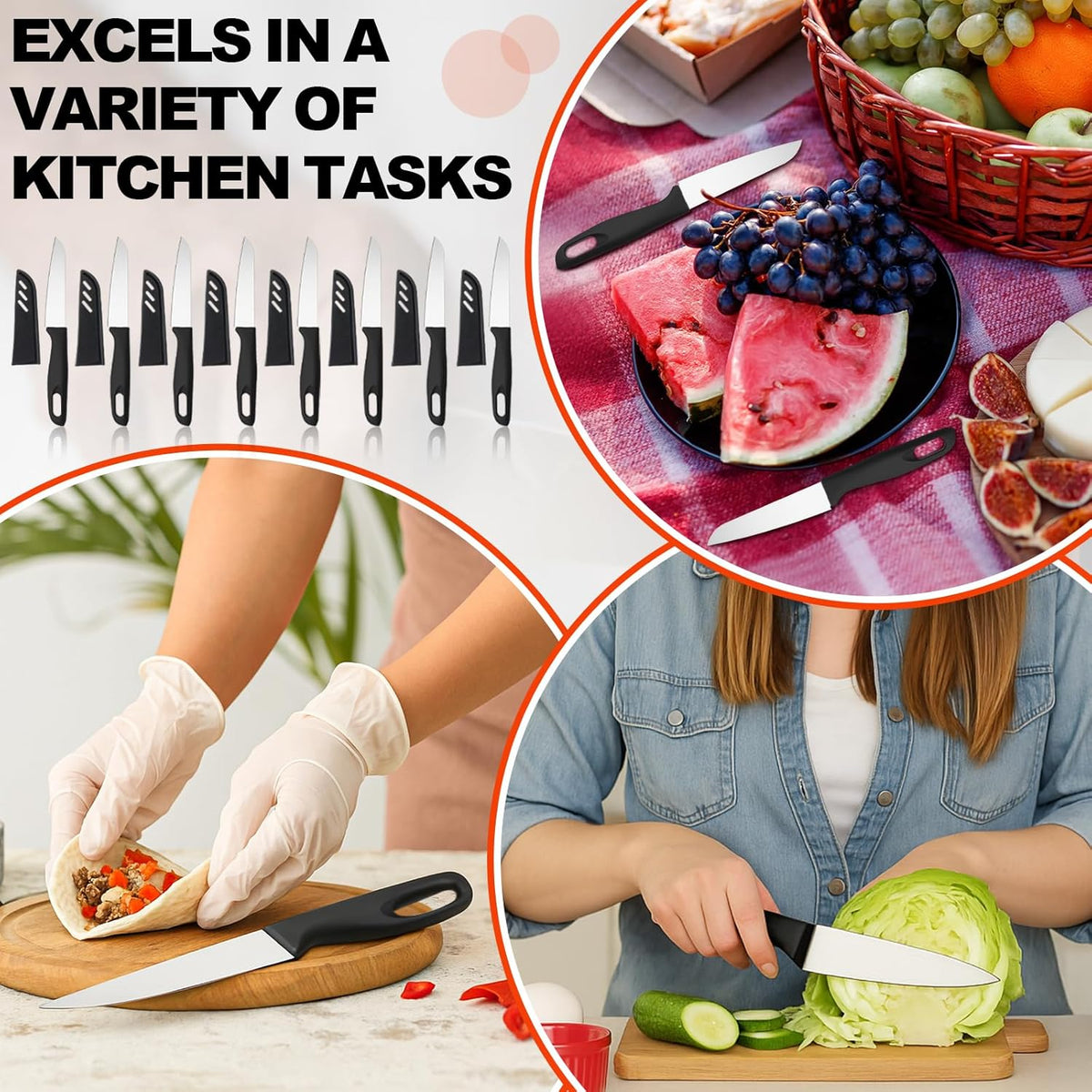 50 Pcs Paring Knives with Cover 7.5 Inch Sharp Stainless Steel Knife with Ergonomic Plastic Handle and Blade Cover for Fruit Vegetable Kitchen, Black