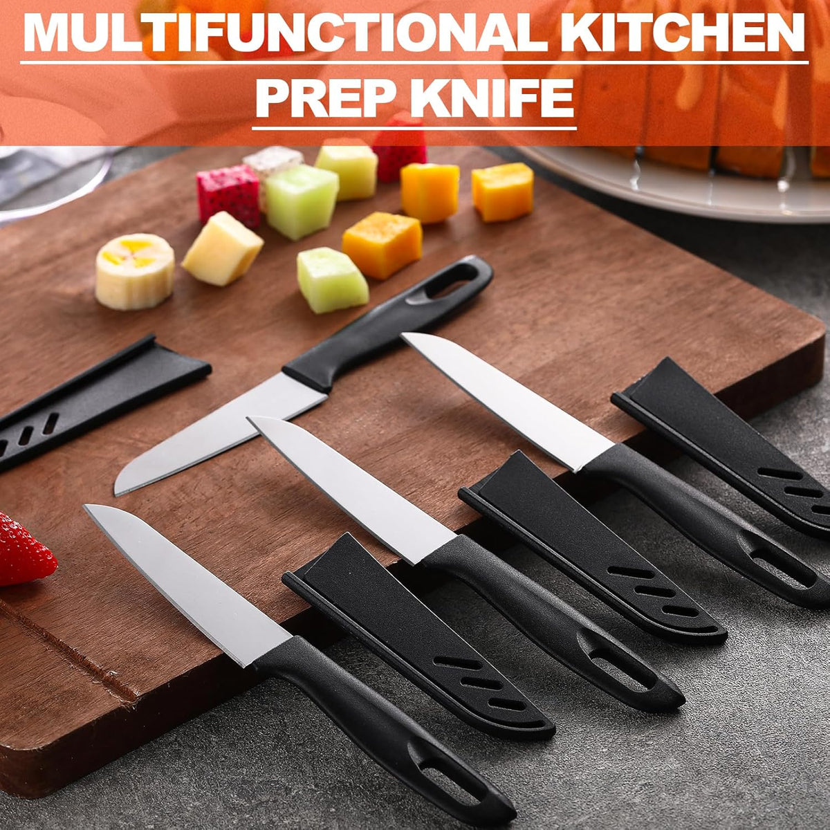 50 Pcs Paring Knives with Cover 7.5 Inch Sharp Stainless Steel Knife with Ergonomic Plastic Handle and Blade Cover for Fruit Vegetable Kitchen, Black