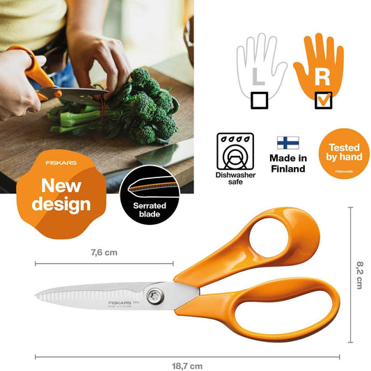 Classic Kitchen Scissors, Serrated Blades, Right-Handed use, Total Length: 18.7 cm, Improved Torx Screw and More Ergonomic Handle, Quality Steel/Plastic, Orange, 1075051