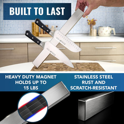 Magnetic Knife Holder for Wall and Fridge - 16" Stainless Steel Knife Magnetic Strip - Holds up to 15 Lbs, Easy to Mount, With Strong Magnets or Screws