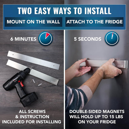 Magnetic Knife Holder for Wall and Fridge - 16" Stainless Steel Knife Magnetic Strip - Holds up to 15 Lbs, Easy to Mount, With Strong Magnets or Screws