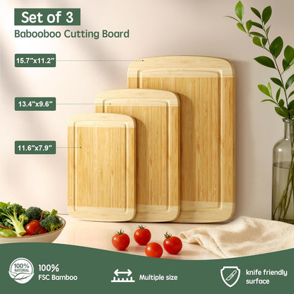 Cutting Boards for Kitchen (3-Piece)-Large Bamboo Cutting Board Non Toxic for Chopping Meat, Vegetables & Fruit, Over the Sink Use