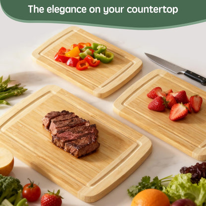 Cutting Boards for Kitchen (3-Piece)-Large Bamboo Cutting Board Non Toxic for Chopping Meat, Vegetables & Fruit, Over the Sink Use