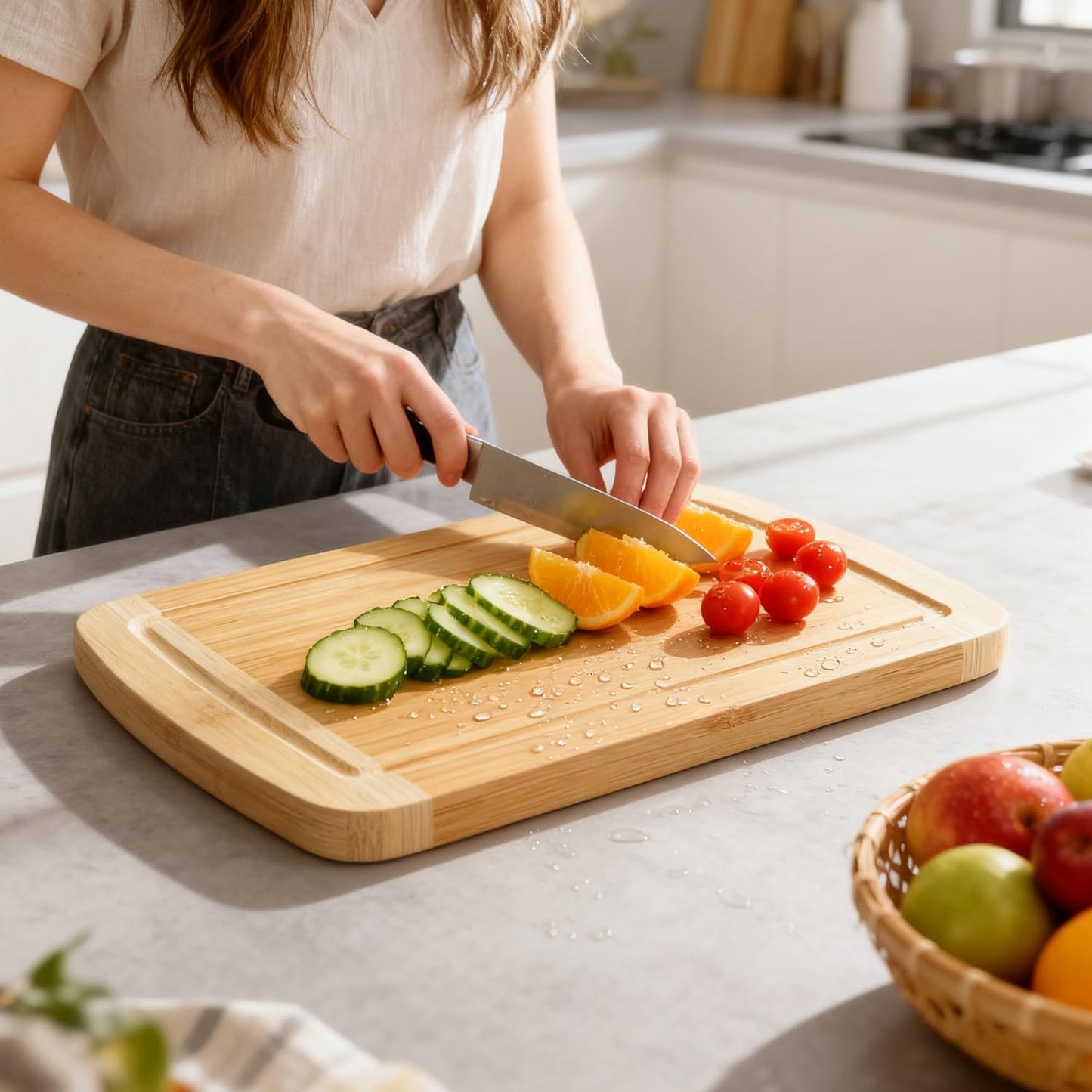Cutting Boards for Kitchen (3-Piece)-Large Bamboo Cutting Board Non Toxic for Chopping Meat, Vegetables & Fruit, Over the Sink Use