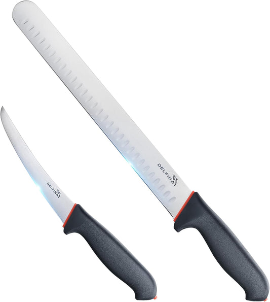 Professional 2 Piece BBQ & Butcher Knife Set, Japanese Style Premium Stainless Steel Chef Knife Set W/SoftGrip Handle, Multi-Purpose Slicing & Boning Knife Set for Kitchen Home Restaurant