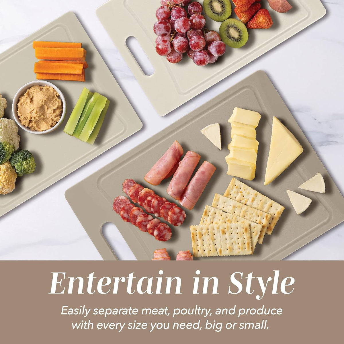 Non-Slip Cutting Board Set – Kitchen Essentials with Easy Grip Handle for Meat, Veggies, and Fruits, 4 Cutting Boards, Brown