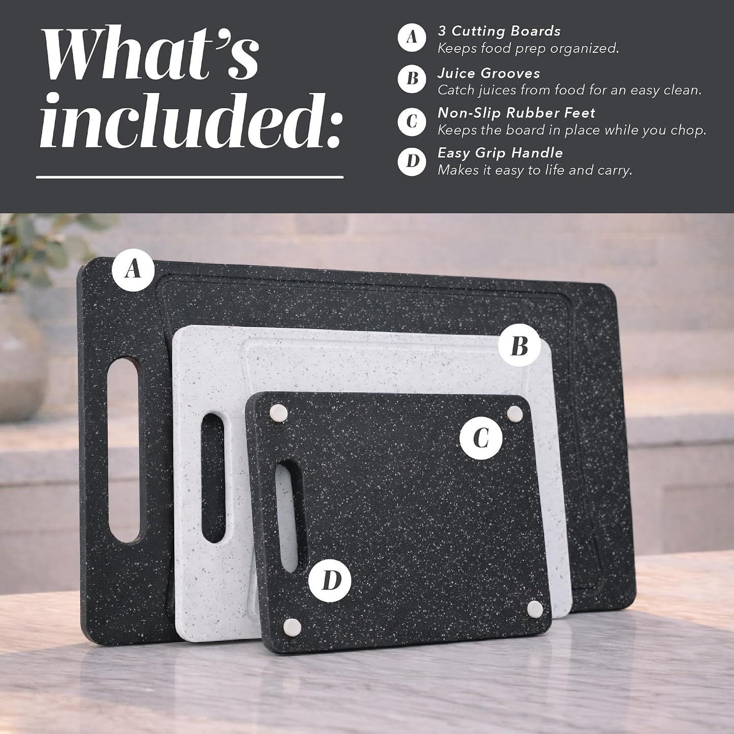 Non-Slip Cutting Board Set – Kitchen Essentials with Easy Grip Handle for Meat, Veggies, and Fruits, 4 Cutting Boards, Brown