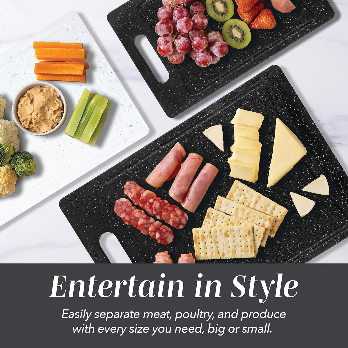 Non-Slip Cutting Board Set – Kitchen Essentials with Easy Grip Handle for Meat, Veggies, and Fruits, 4 Cutting Boards, Brown