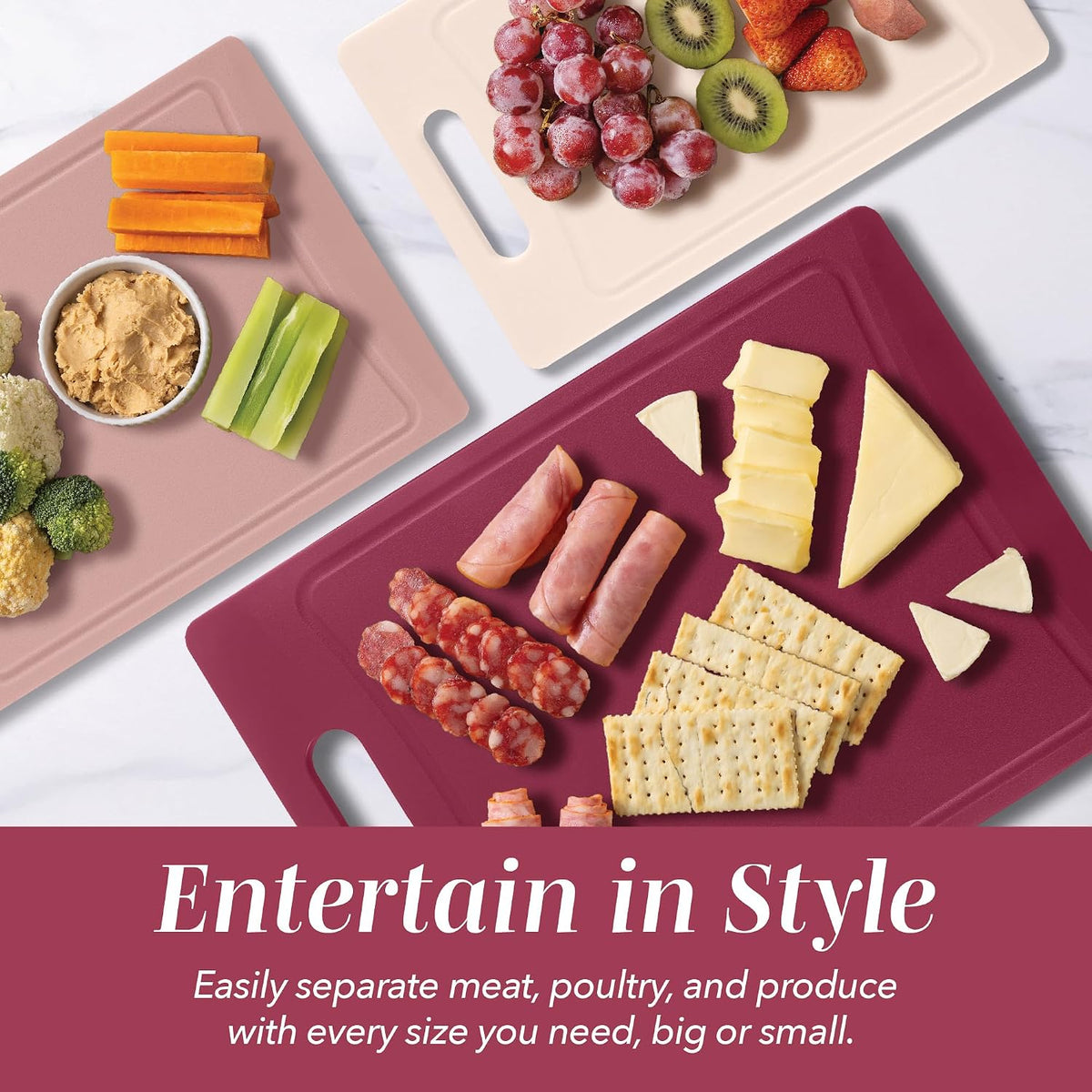 Non-Slip Cutting Board Set – Kitchen Essentials with Easy Grip Handle for Meat, Veggies, and Fruits, 4 Cutting Boards, Brown