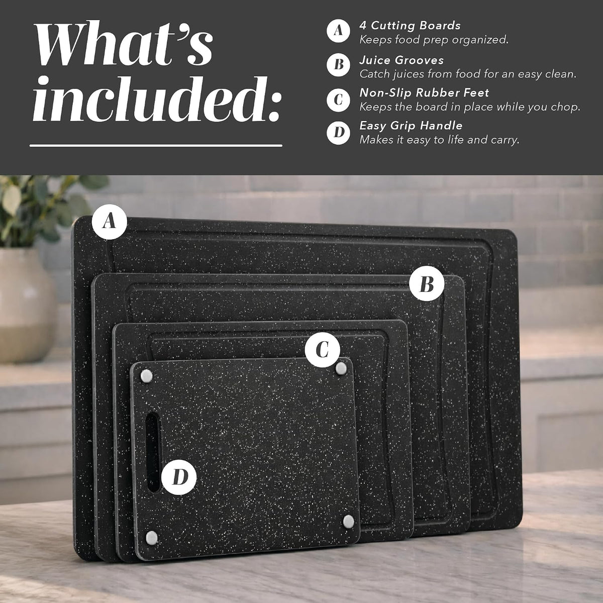 Non-Slip Cutting Board Set – Kitchen Essentials with Easy Grip Handle for Meat, Veggies, and Fruits, 4 Cutting Boards, Brown