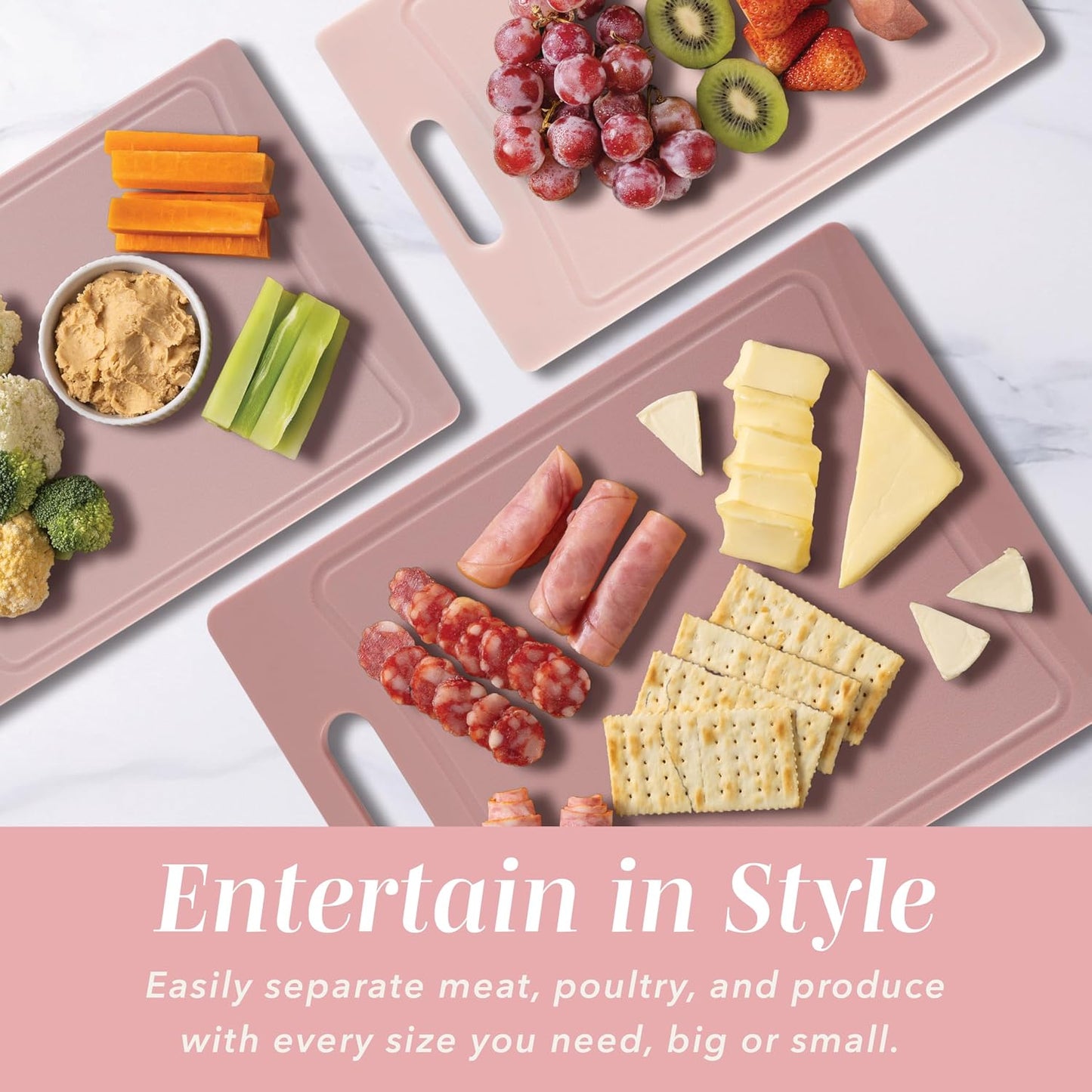 Non-Slip Cutting Board Set – Kitchen Essentials with Easy Grip Handle for Meat, Veggies, and Fruits, 4 Cutting Boards, Brown