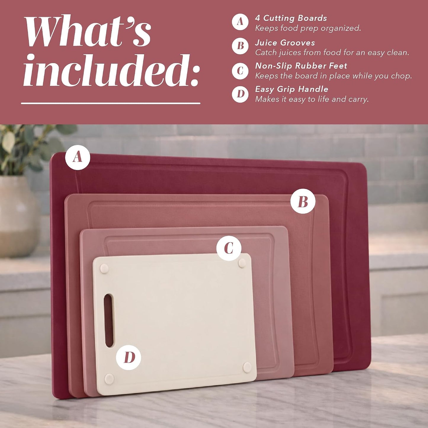 Non-Slip Cutting Board Set – Kitchen Essentials with Easy Grip Handle for Meat, Veggies, and Fruits, 4 Cutting Boards, Brown