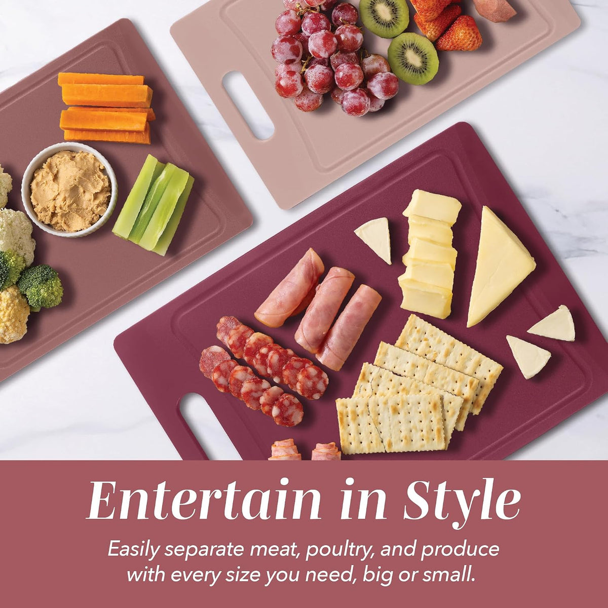 Non-Slip Cutting Board Set – Kitchen Essentials with Easy Grip Handle for Meat, Veggies, and Fruits, 4 Cutting Boards, Brown