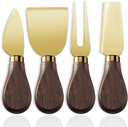 4-Piece Set of Stainless Steel Cheese Knives with Wood Hand, Including Cheese Slicer and Cheese Cutters, Essential Cheese Tools for the Kitchen (Walnut handle, Gold)