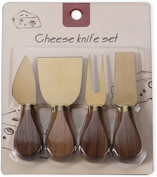4-Piece Set of Stainless Steel Cheese Knives with Wood Hand, Including Cheese Slicer and Cheese Cutters, Essential Cheese Tools for the Kitchen (Walnut handle, Gold)