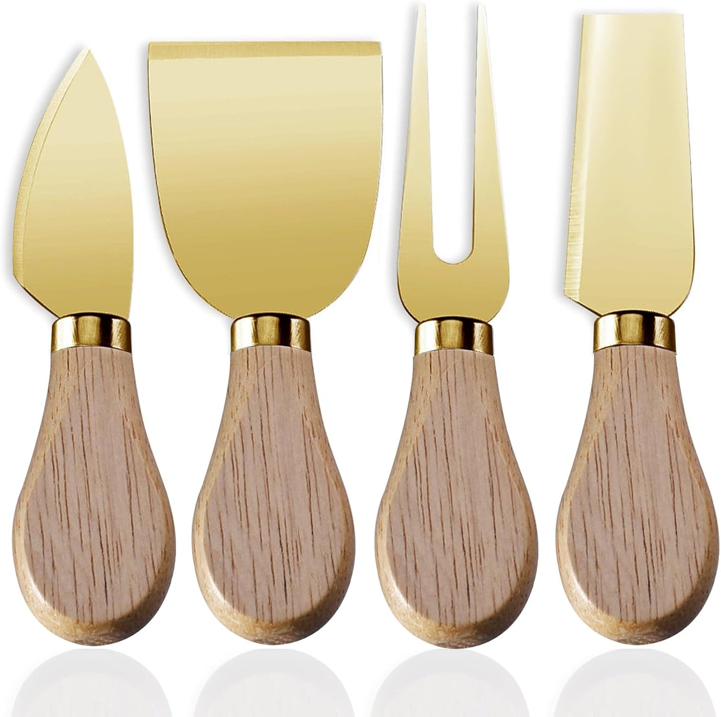 4-Piece Set of Stainless Steel Cheese Knives with Wood Hand, Including Cheese Slicer and Cheese Cutters, Essential Cheese Tools for the Kitchen (Walnut handle, Gold)