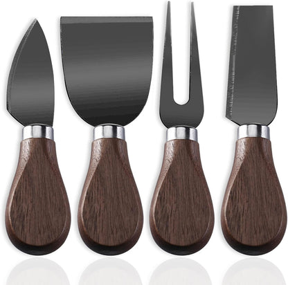 4-Piece Set of Stainless Steel Cheese Knives with Wood Hand, Including Cheese Slicer and Cheese Cutters, Essential Cheese Tools for the Kitchen (Walnut handle, Gold)