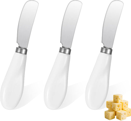 3 Pack Stainless Steel Butter Knife Cheese Spreader Knife with Porcelain Handle Mini Serving Tongs Sandwich Spreader for Kitchen