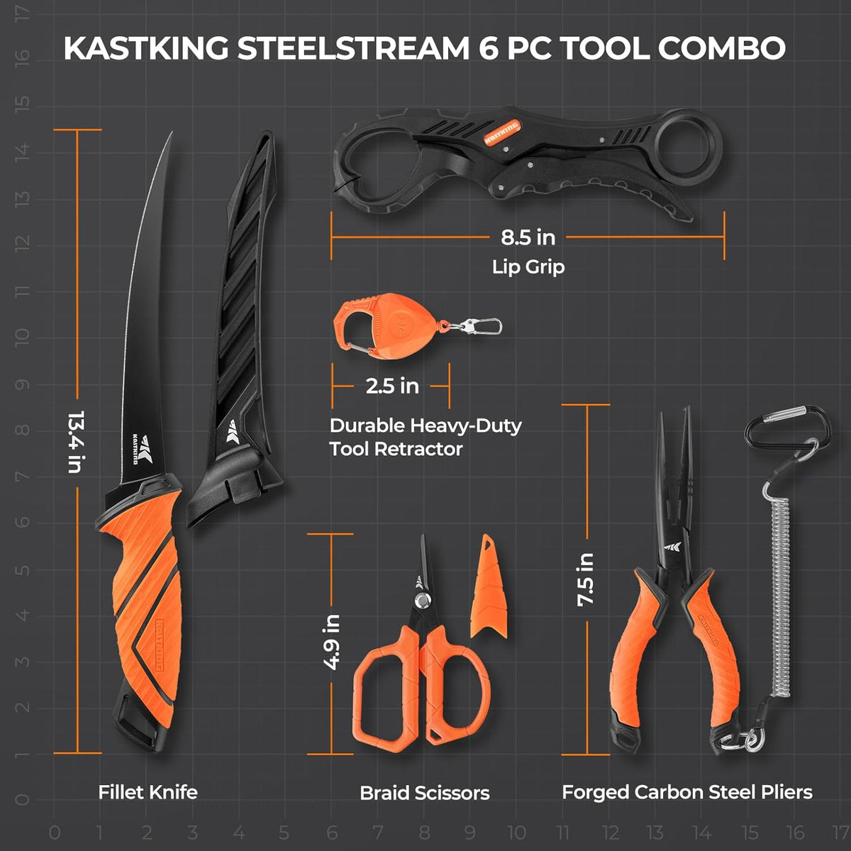 SteelStream 6pc Fishing Tool Kit - Corrosion Resistant Fishing Pliers with Lanyard, Fillet Knife, Floating Fish Lip Gripper, Fishing Braid Scissors, Tool Retractor, Fishing Gifts for Men