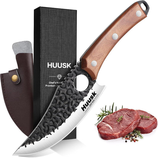 Huusk Viking Knife with Leather Sheath, Hand Forged Chef Butcher Knives | Razor-sharp Japanese Carbon Steel Meat Cutting Knife with Wood Handle for BBQ, Camping & Kitchen, Cooking Gifts for Men & Dad