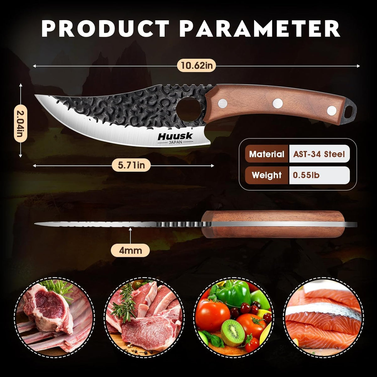 Huusk Viking Knife with Leather Sheath, Hand Forged Chef Butcher Knives | Razor-sharp Japanese Carbon Steel Meat Cutting Knife with Wood Handle for BBQ, Camping & Kitchen, Cooking Gifts for Men & Dad