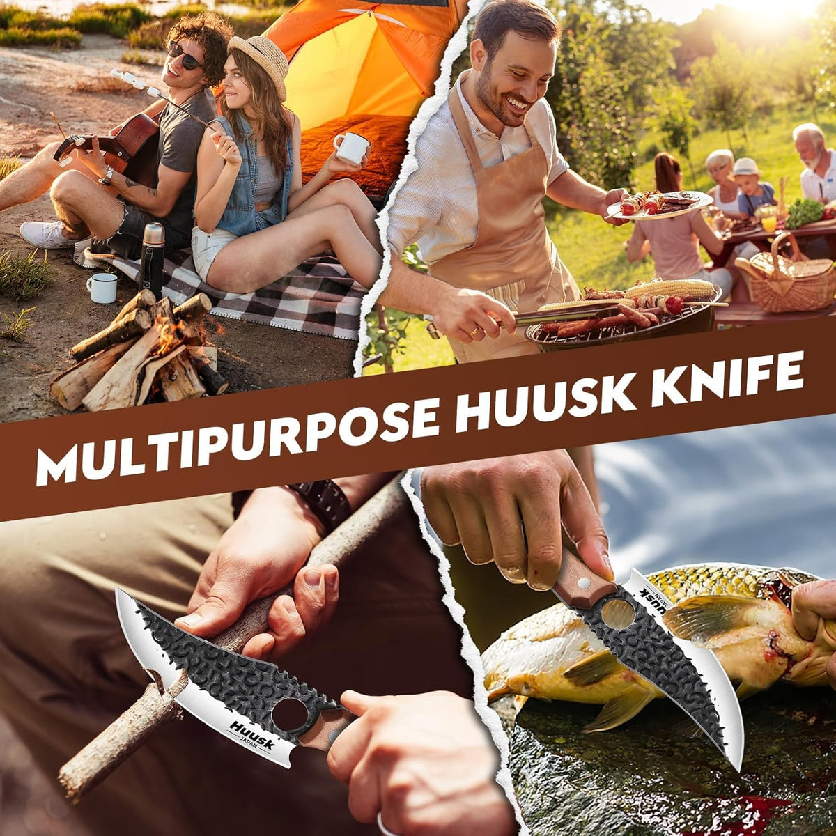 Huusk Viking Knife with Leather Sheath, Hand Forged Chef Butcher Knives | Razor-sharp Japanese Carbon Steel Meat Cutting Knife with Wood Handle for BBQ, Camping & Kitchen, Cooking Gifts for Men & Dad