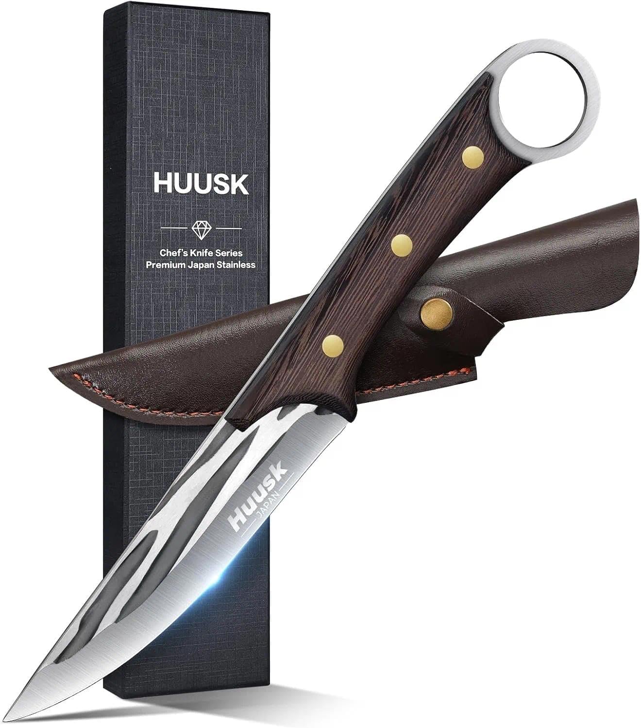 Huusk Viking Knife with Leather Sheath, Hand Forged Chef Butcher Knives | Razor-sharp Japanese Carbon Steel Meat Cutting Knife with Wood Handle for BBQ, Camping & Kitchen, Cooking Gifts for Men & Dad