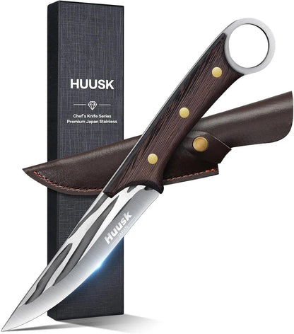 Huusk Viking Knife with Leather Sheath, Hand Forged Chef Butcher Knives | Razor-sharp Japanese Carbon Steel Meat Cutting Knife with Wood Handle for BBQ, Camping & Kitchen, Cooking Gifts for Men & Dad