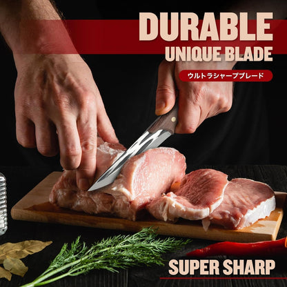 Huusk Viking Knife with Leather Sheath, Hand Forged Chef Butcher Knives | Razor-sharp Japanese Carbon Steel Meat Cutting Knife with Wood Handle for BBQ, Camping & Kitchen, Cooking Gifts for Men & Dad