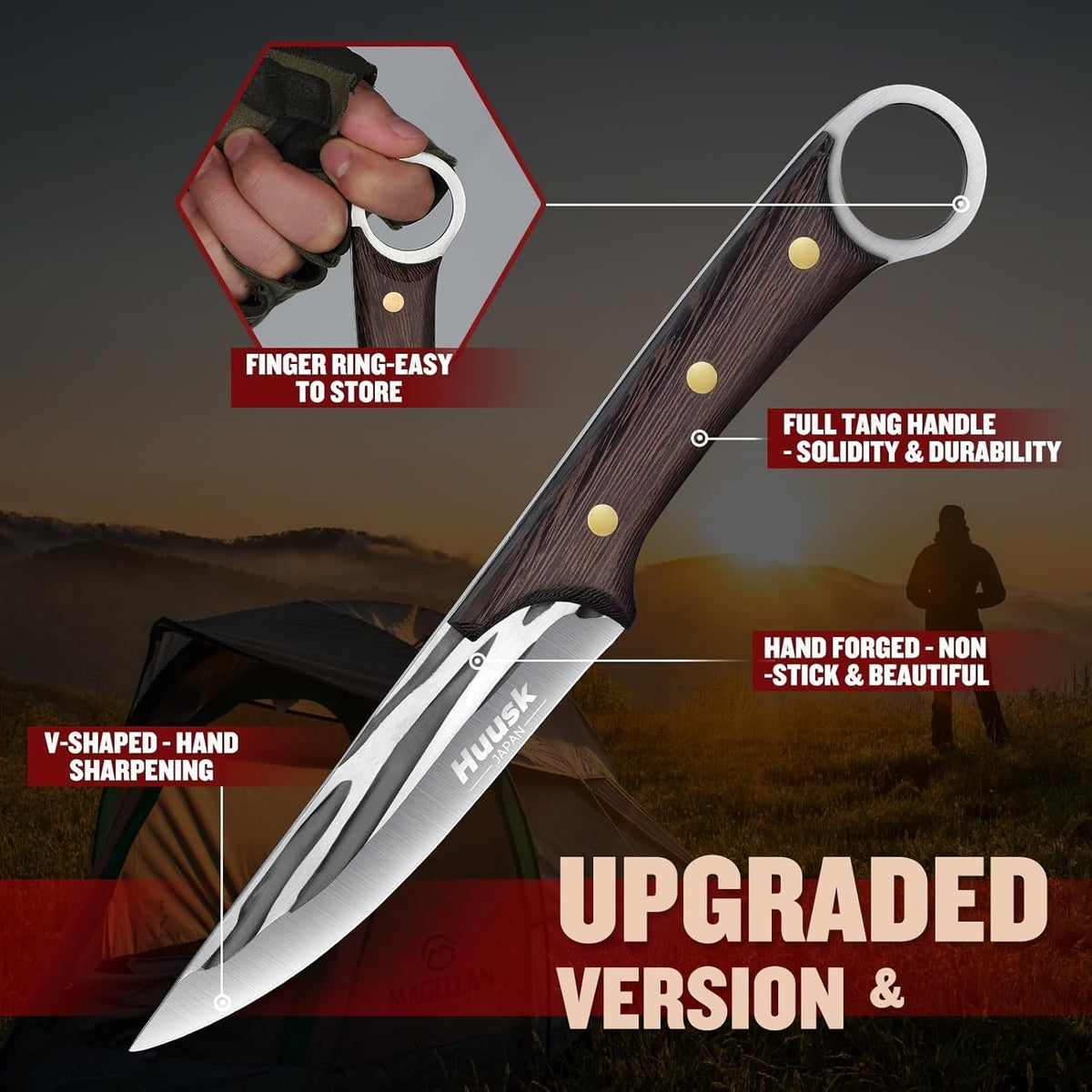 Huusk Viking Knife with Leather Sheath, Hand Forged Chef Butcher Knives | Razor-sharp Japanese Carbon Steel Meat Cutting Knife with Wood Handle for BBQ, Camping & Kitchen, Cooking Gifts for Men & Dad