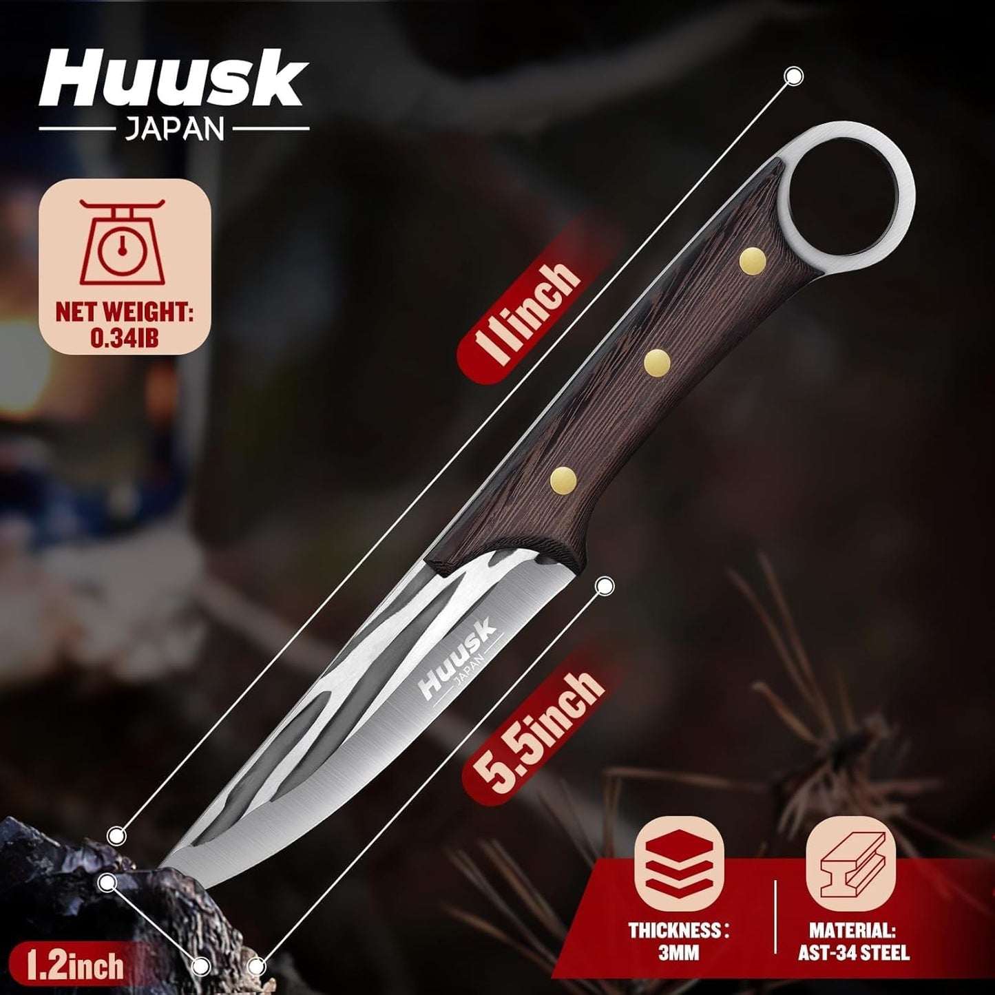 Huusk Viking Knife with Leather Sheath, Hand Forged Chef Butcher Knives | Razor-sharp Japanese Carbon Steel Meat Cutting Knife with Wood Handle for BBQ, Camping & Kitchen, Cooking Gifts for Men & Dad