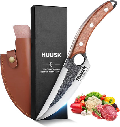 Huusk Viking Knife with Leather Sheath, Hand Forged Chef Butcher Knives | Razor-sharp Japanese Carbon Steel Meat Cutting Knife with Wood Handle for BBQ, Camping & Kitchen, Cooking Gifts for Men & Dad