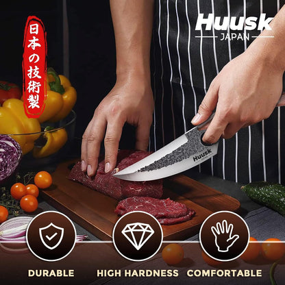 Huusk Viking Knife with Leather Sheath, Hand Forged Chef Butcher Knives | Razor-sharp Japanese Carbon Steel Meat Cutting Knife with Wood Handle for BBQ, Camping & Kitchen, Cooking Gifts for Men & Dad