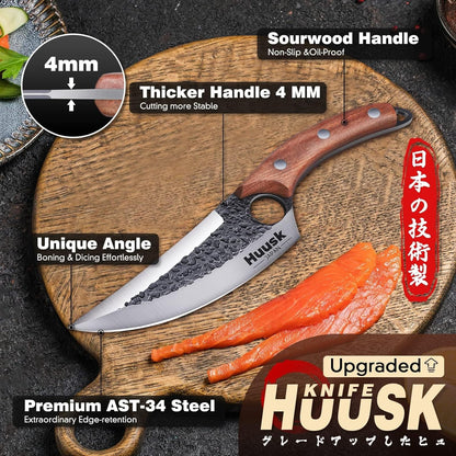 Huusk Viking Knife with Leather Sheath, Hand Forged Chef Butcher Knives | Razor-sharp Japanese Carbon Steel Meat Cutting Knife with Wood Handle for BBQ, Camping & Kitchen, Cooking Gifts for Men & Dad