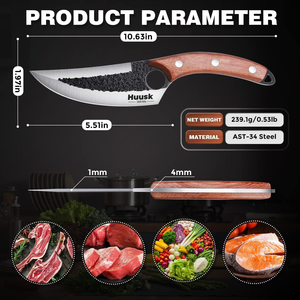 Huusk Viking Knife with Leather Sheath, Hand Forged Chef Butcher Knives | Razor-sharp Japanese Carbon Steel Meat Cutting Knife with Wood Handle for BBQ, Camping & Kitchen, Cooking Gifts for Men & Dad